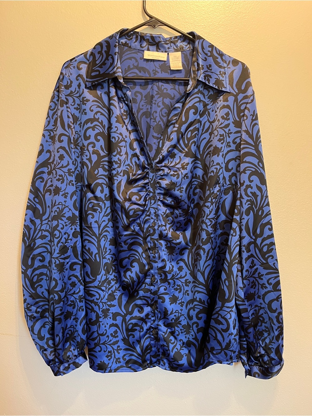 Women's Blue and Black Printed Satin Blouse Worthington 3X